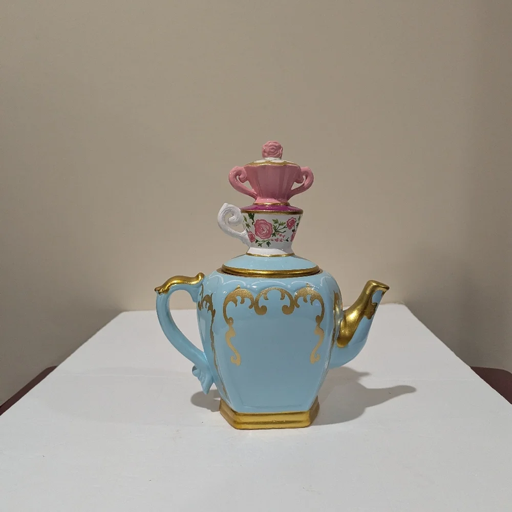 Alice In Wonderland, Elegant Blue and Gold Teapot with Pink Floral Lid 11"X9" - Picture 2 of 13